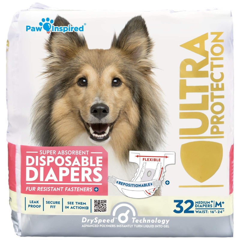 Paw Inspired 32ct Disposable Dog Diapers | Female Dog Diapers Ultra Protection | Diapers for Dogs in Heat, Excitable Urination, or Incontinence (Medium Plus) - Image 1